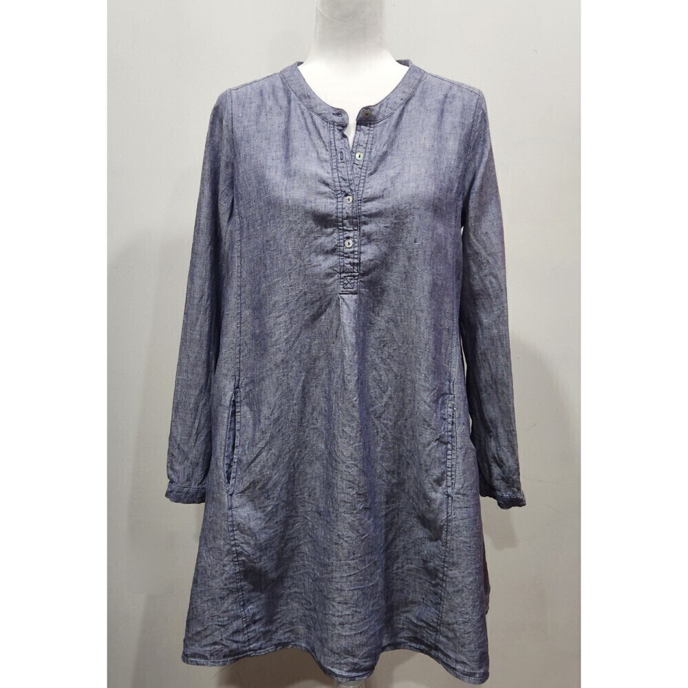 TAHARI 100% Linen Chambray Mandarin Collar Long Pockets Sleeve Swing Dress, S